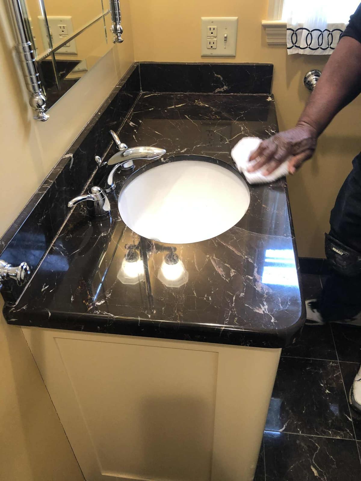 Before and after marble table repair showing chip repair and polishing