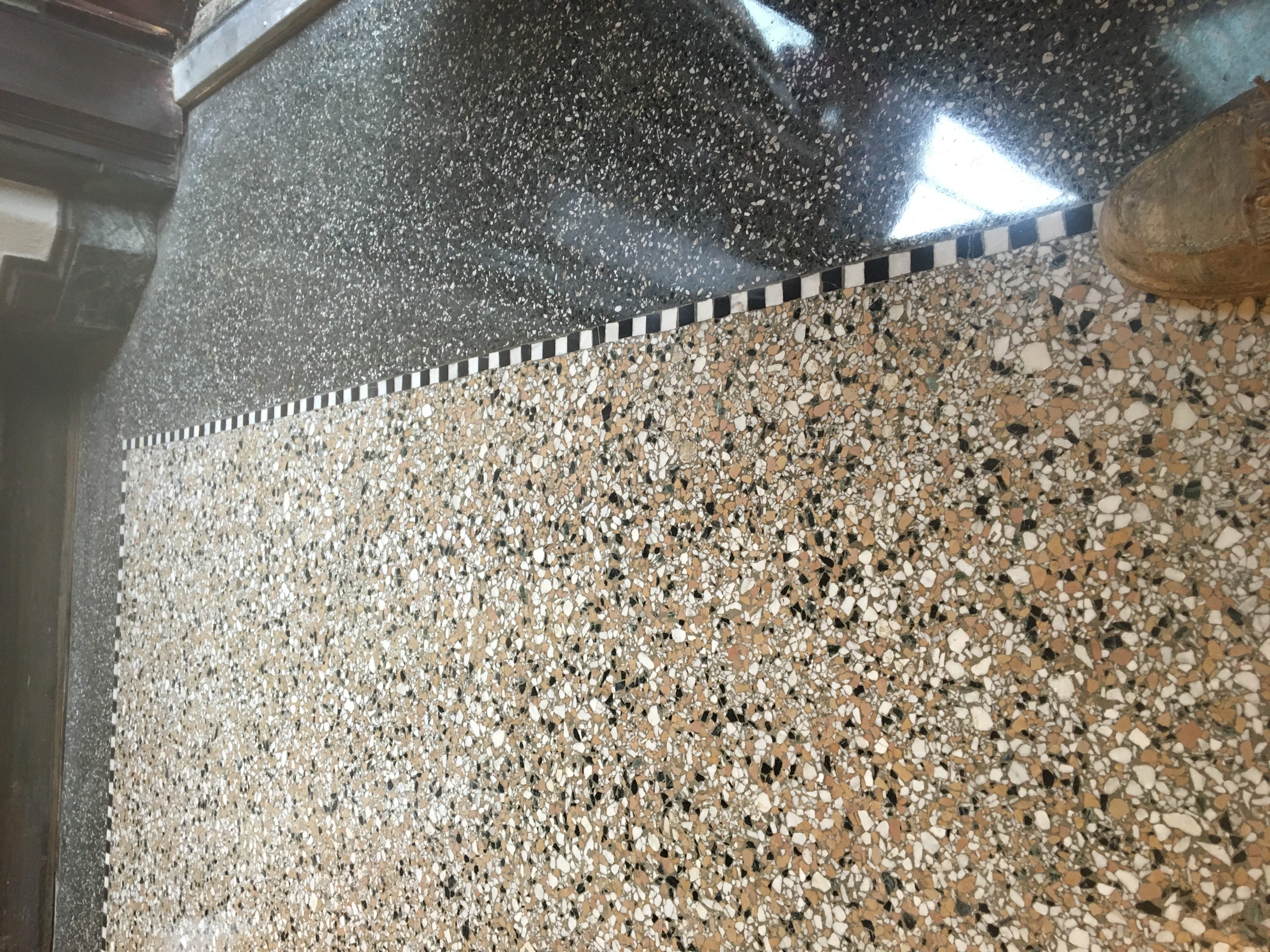 Terrazzo and marble flooring comparison in Kansas City historic building